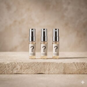 Kit de 3 muestras misteriosas de perfume 5ml Eau de Parfum de Hyperdose Parfum sobre repisa de piedra